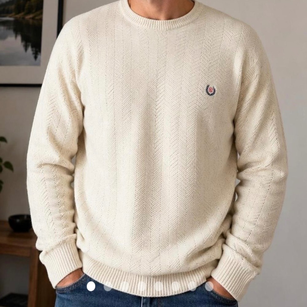 Chaps Ralph Lauren Mens Herringbone Knit Crest Sweater Beige Cream NWT